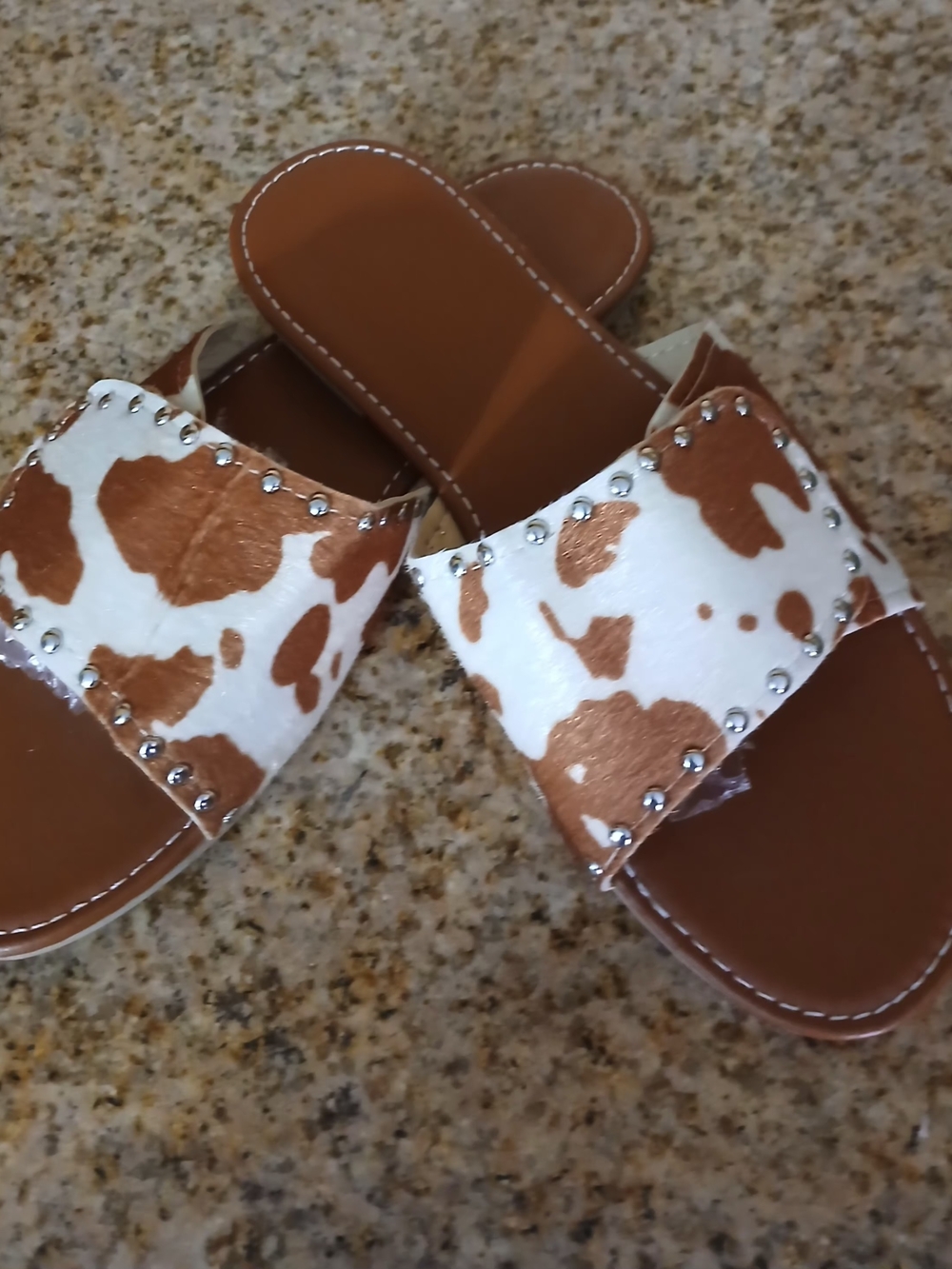 Women’s Brown & White Cowprint Slide Sandals